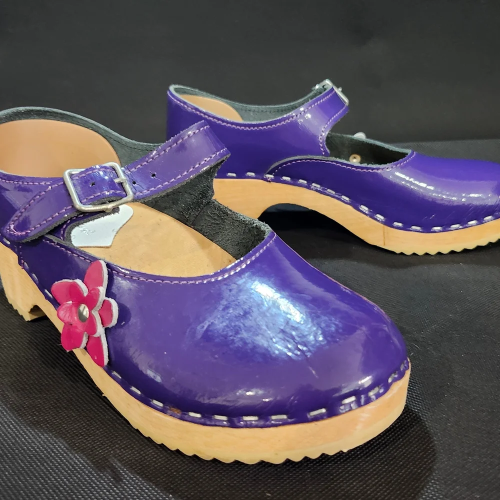 Girls Purple Mary Jane Clog Sandals with Flower Accent